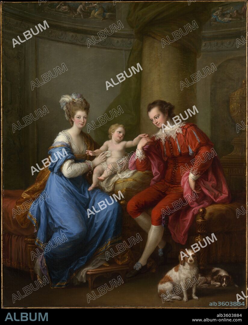 Edward Smith Stanley (1752-1834), Twelfth Earl of Derby, with His First Wife (Lady Elizabeth Hamilton, 1753-1797) and Their Son (Edward Smith Stanley, 1775-1851). Artist: Angelica Kauffmann (Swiss, Chur 1741-1807 Rome). Dimensions: 50 x 40 in. (127 x 101.6 cm). Date: ca. 1776.
The earl and countess of Derby were married in June 1774 and their son, pictured here, was born in April 1775. The picture was probably painted in the following year. It is one of two versions (the other, which is signed, remains with the sitters' descendants). After Lady Derby's death, the earl married Elizabeth Farren, whose celebrated portrait by Lawrence belongs also to the Museum.
Lady Derby's costume is vaguely classical while her husband wears fancy dress, a seventeenth-century-style slashed doublet with a lace Van Dyck collar and matching knee britches.