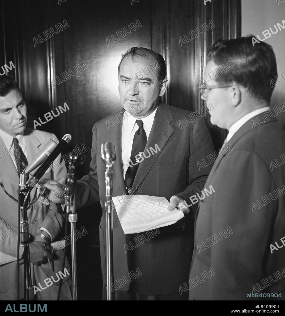 U.S. Senator from Wisconsin Joseph McCarthy at microphone during Press Conference, Washington, D.C., USA, Thomas J. O'Halloran, U.S. News & World Report Magazine Photograph Collection, June 1954.