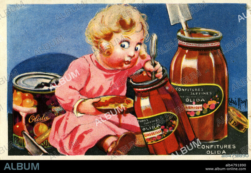 Une fillette se gave de confiture. Publicite pour les confitures OLIDA. Illustration anonyme (illisible) pour une carte postale publicitaire vers 1933. Credit : Collection IM/KHARBINE-TAPABOR.