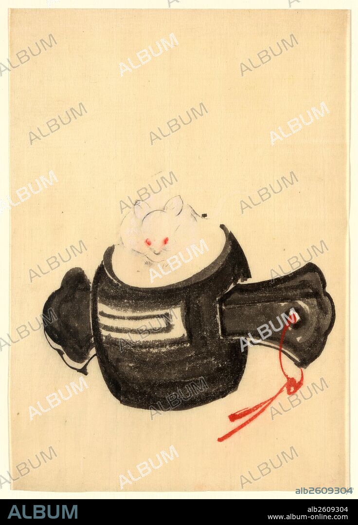 [Mouse, facing front, sitting on a mallet with red ribbon through a hole in the handle], , artist, [between 1830 and 1850], 1 drawing on thin handmade paper : ink wash, color ; 26.7 x 18.1 cm., Print shows a mouse, facing front, sitting on a mallet with red ribbon through a hole in the handle.