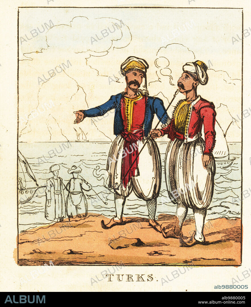 Costumes of Ottoman Turkey, 19th century. Two men in turban, jacket,  waistcoat, sash, harem pants, stockings and slippers. One smokes a long  tobacco pipe. Handcoloured cop - Album alb9880005