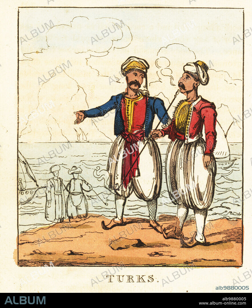 Costumes of Ottoman Turkey, 19th century. Two men in turban, jacket, waistcoat, sash, harem pants, stockings and slippers. One smokes a long tobacco pipe. Handcoloured copperplate engraving from The World in Miniature, or Panorama of the Costumes, Manners & Customs of All Nations, John Bysh, London, 1825.