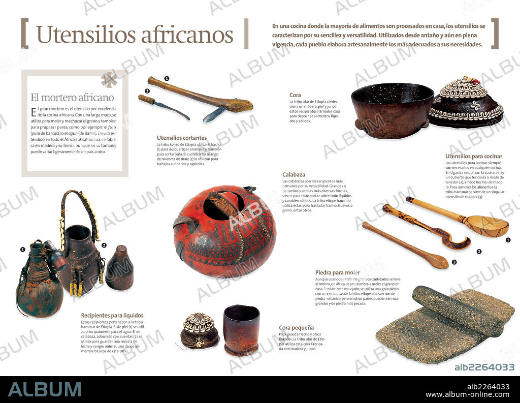African cooking utensils. Infographics about the different utensils used in African cuisine.