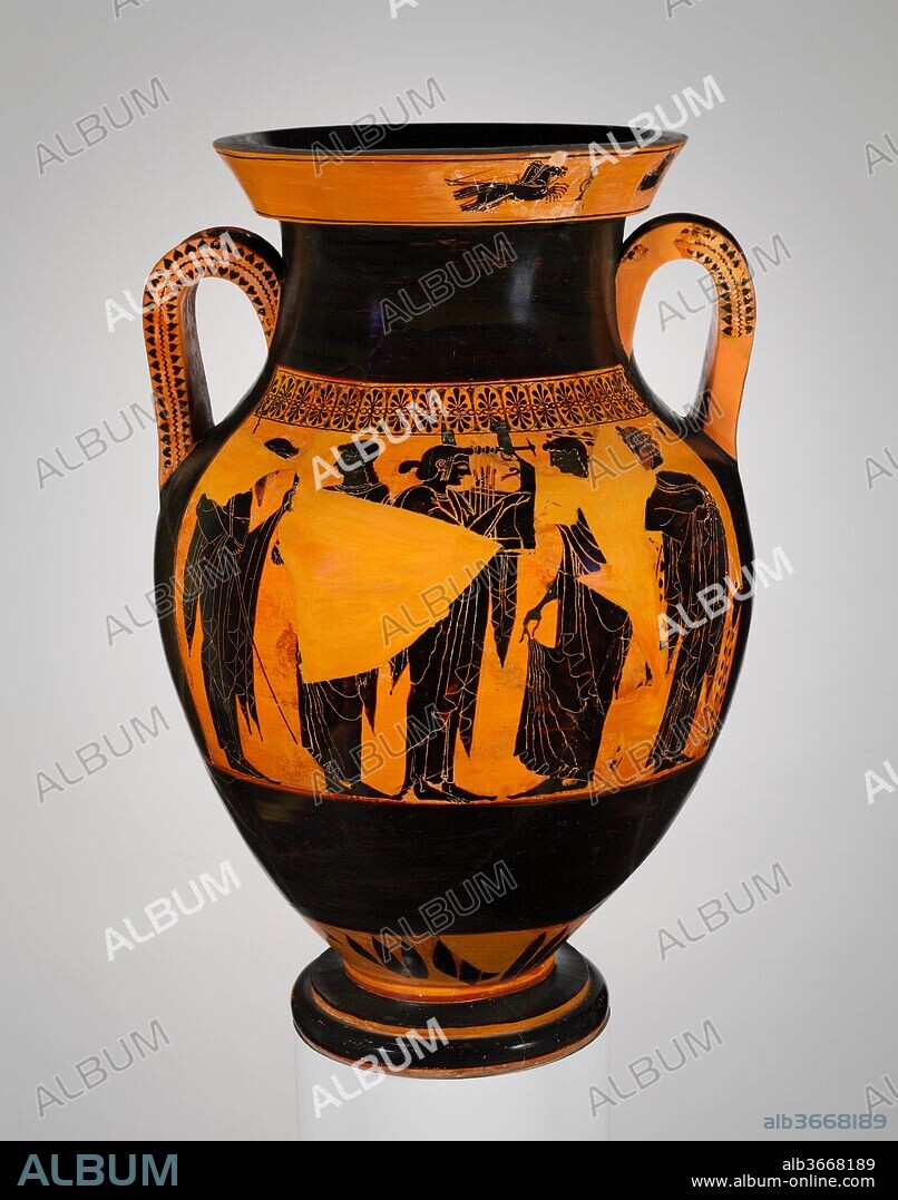 Terracotta amphora (jar). Culture: Greek, Attic. Dimensions: H. 26 in. (66 cm). Date: ca. 530-520 B.C..
Obverse, Athena and Herakles in the gigantomachy (battle of gods and giants)
Reverse, Poseidon, Leto, Apollo, Artemis, Dionysos
On the lip, obverse and reverse, chariot races
Of particular interest on this vase is the frieze of racing chariots on the lip. Subordinate bands of figural decoration were introduced at various times and on various shapes in Athenian vase-painting. At the end of the sixth century B.C. and in the early fifth, decoration on the lip occasionally appears, especially on amphorae type A. The most significant instance of this feature in the Museum's collection appears on the amphora signed by the potter Andokides and displayed in the Greek galleries on the main floor.
