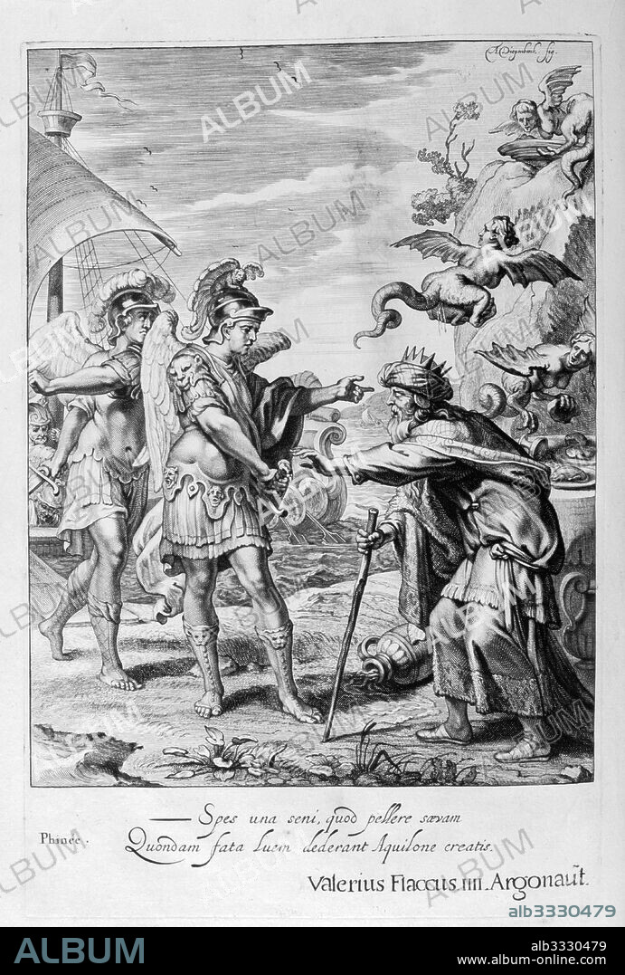 Greek mythology: Phineus; king of Thrace and seer who appears in accounts of the Argonauts' voyage. Engraving depicting Jason and the Argonuats from 'Tableaux du temple des muses' (1655) by Michel de Marolles (1600 - 1681), known as the abbe de Marolles; a French churchman and translator.