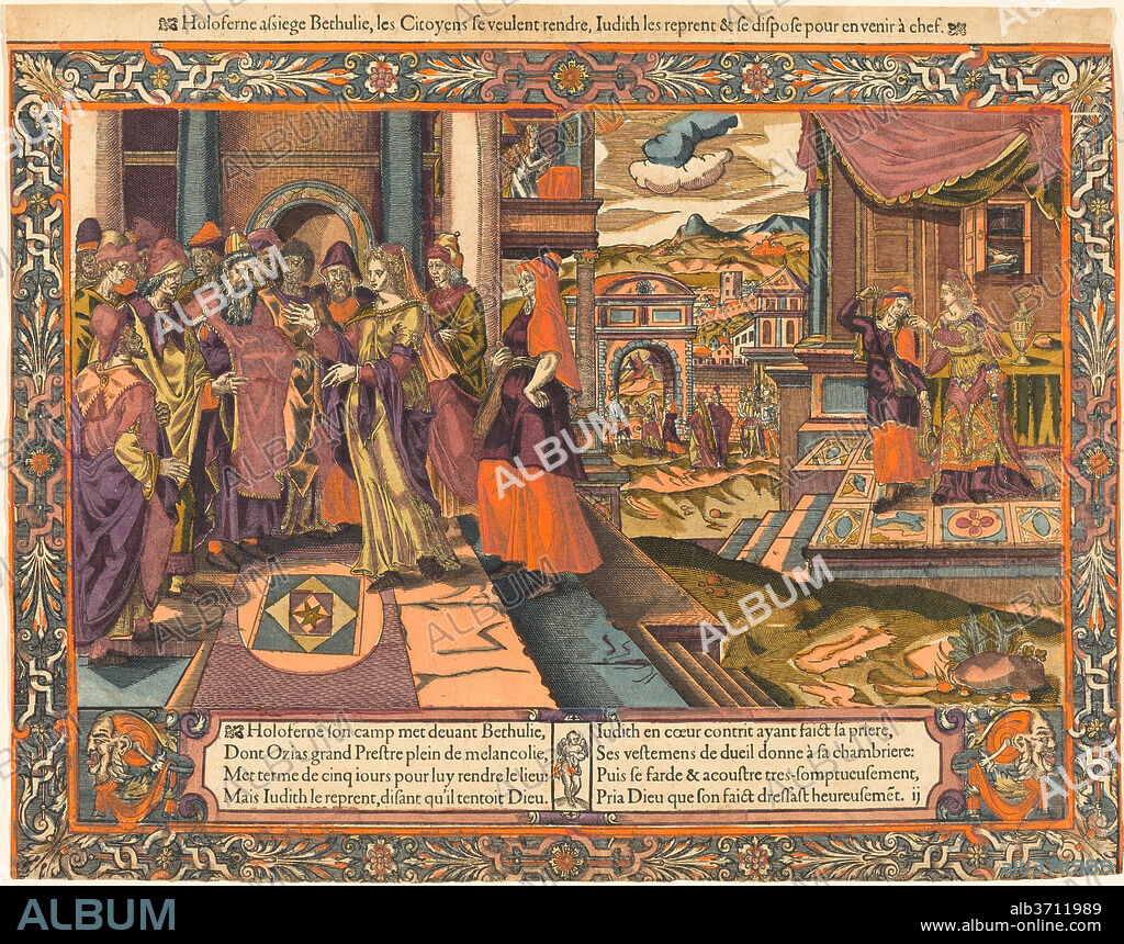 FRENCH 16TH CENTURY. Judith Goes to the Camp of Holofernes. Dated: c. 1575. Dimensions: sheet: 38.5 x 49 cm (15 3/16 x 19 5/16 in.). Medium: hand-colored woodcut on laid paper.