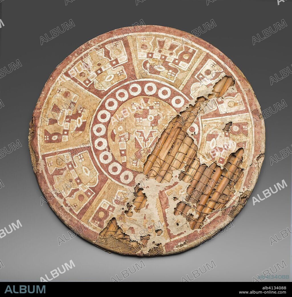 Shield Painted with Abstract Figures. Tiwanaku-Wari; North coast, Bolivia. Date: 100 AD-600 AD. Dimensions: Diam. 39.7 cm (15 5/8 in.). Reeds, leather, cotton canvas, and pigment. Origin: Bolivia.