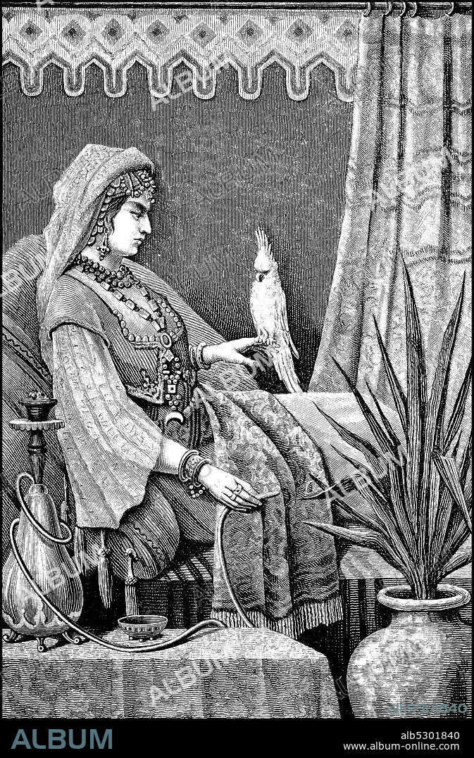 Noble Arab woman with a parrot and water pipe from Baghdad, Iraq, women in the 19th century  /  Vornehme Araberin mit einem Papagei und Wasserpfeife aus Bagdad, Irak, Frauen im 19. Jahrhundert, Historisch, historical, digital improved reproduction of an original from the 19th century / digitale Reproduktion einer Originalvorlage aus dem 19. Jahrhundert.