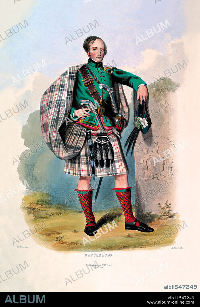 R. R. MCIAN. Plate from "The Clans of the Scottish Highlands"  by R.R McIan 1803 - 1856.  Each pattern reflected a specific family.  Born in 1803, Robert Ronald McIan became an actor and he too became enthralled with tartans. McIan was also something of a painter and with the encouragement and collaboration of his friend James Logan, utilised those skills to produce The Clans of the Scottish Highlands.