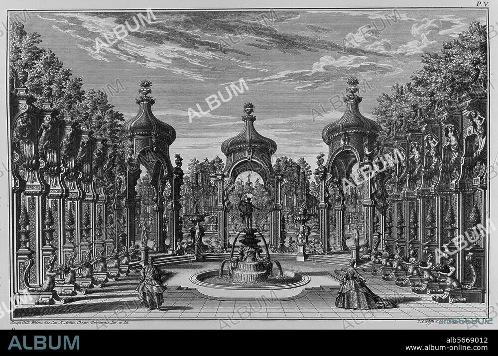 GIUSEPPE GALLI BIBIENA. Galli Bibiena, Giuseppe; 1696-1756. Bühnenbild: Großer Barockgarten mit Neptunbrunnen. Kupferstich von Johann Andreas Pfeffel d. Ä. (1674-1748) nach Zeichnung von Galli Bibiena. Aus: G. Galli Bibiena, Architetture e prospettive dedicate alla Maesta di Carlo Sesto (...), Augsburg 1740ff.
