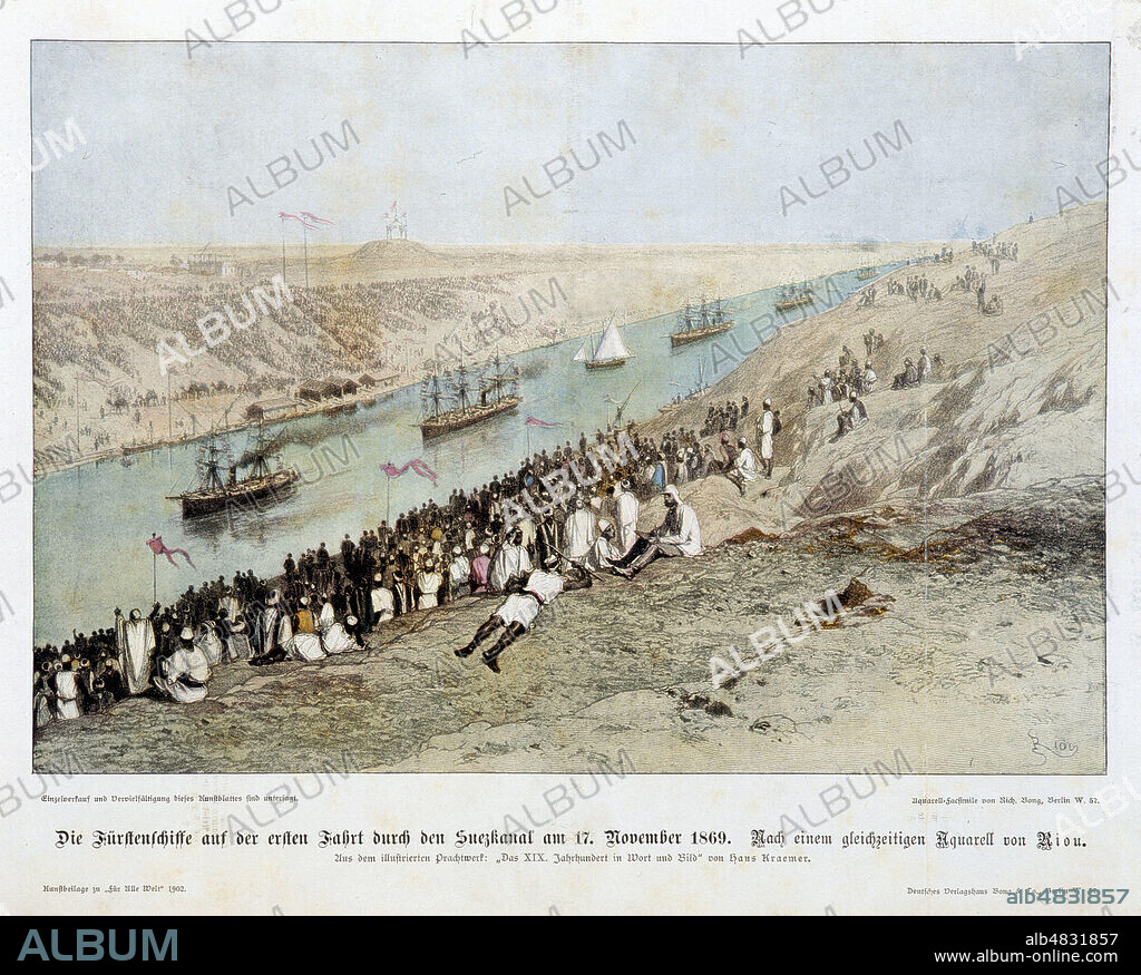 Le Canal de Suez, navires venant de Port-Said lors des fetes de l' inauguration le 17/11/1869. Aquarelle d' Edouard RIOU (1823-1900). Credit : Collection Kharbine-Tapabor.
