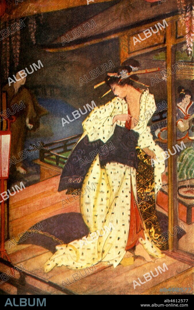 EVELYN PAUL. 'Kiyo and the Priest', 1912. Anchin falls in love with the beautiful Kiyohime, daughter of a wealthy landlord. He overcomes his passion, refrains from further meetings and is pursued by Kiyo in the form of a large serpent. From "Myths & Legends of Japan", by F. Harland Davis. [George G. Harrap & Company, London, 1912].