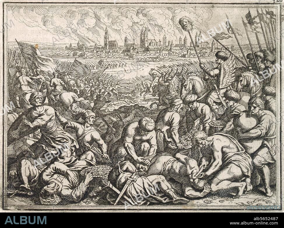 MATTHÄUS MERIAN DER. Schlacht bei Liegnitz (Wahlstatt) am 9. April 1241 (Die Mongolen unter Orda besiegen das polnisch-deutsche Ritterheer unter Herzog Heinrich II. v. Schlesien). - "Große Niederlag der Christen, so sie von den Tartarn erlitten". Kupferstich von Matthäus Merian d. Ä. (1593-1650). Aus: Joh. Ludw. Gottfried, Historische Chronica, Frankfurt a. M., 1630, S. 583. Berlin, Sammlung Archiv für Kunst und Geschichte.