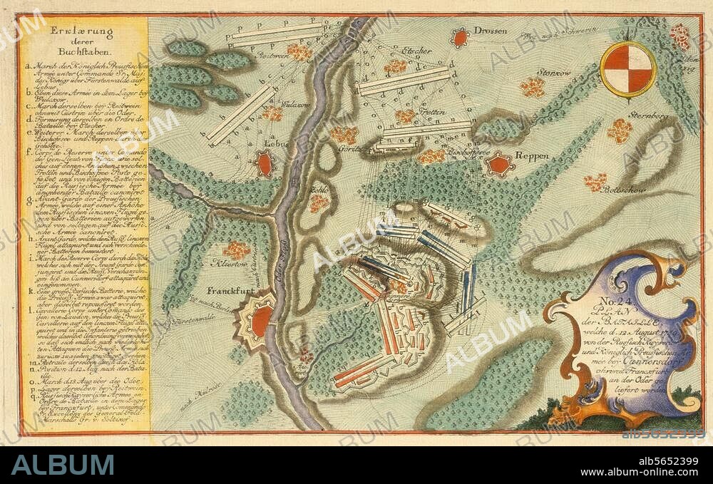 ANONYM. Siebenjähriger Krieg 1756-63 / Schlacht bei Kunersdorf am 12. August 1759 (Niederlage Friedrichs d. Gr. gegen Österr. u. Russen unter Laudon und Saltykow). - "Plan der Bataille, welche d. 12. August 1759 (...) bey Cunnersdorf ohnweit Frankfurt an der Oder geliefert worden". Kupferstich, koloriert, zeitgenössisch. 16,5 × 26,8 cm. Berlin, Sammlung Archiv für Kunst und Geschichte.