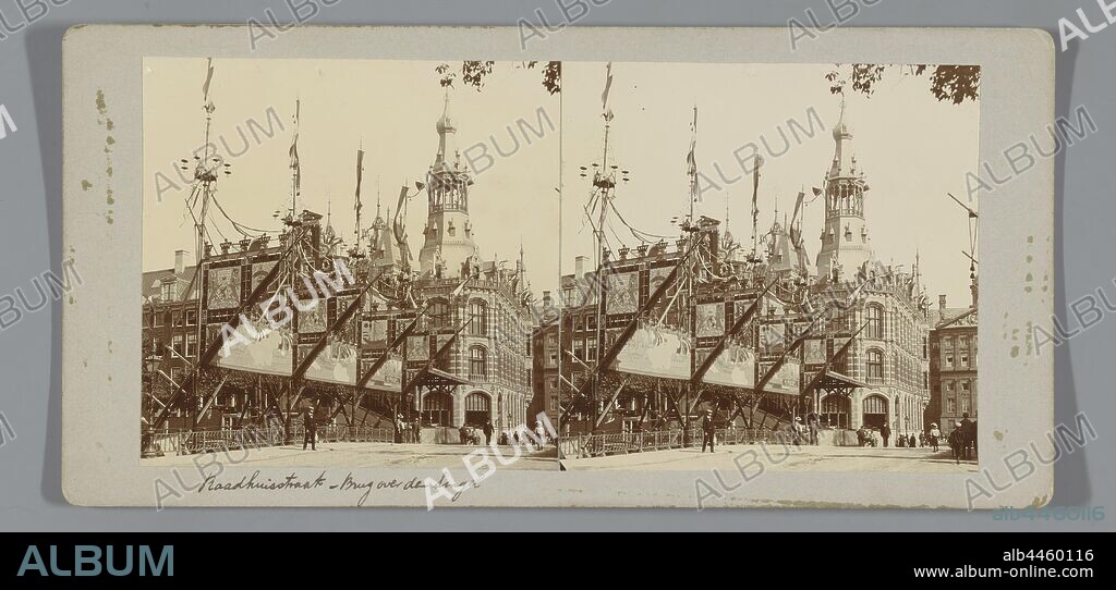 The bridge over the Singel in the Raadhuisstraat, decorated in occasion of the inauguration of Queen Wilhelmina, Amsterdam, the Netherlands, The bridge over the Singel in Raadhuisstraat, decorated on the occasion of the inauguration of Queen Wilhelmina, Wilhelmina (Queen of the Netherlands), Cornelis Johannes Lodewicus Vermeulen, anonymous, 1898, paper, photographic paper, cardboard, h 75 mm × w 152 mm.