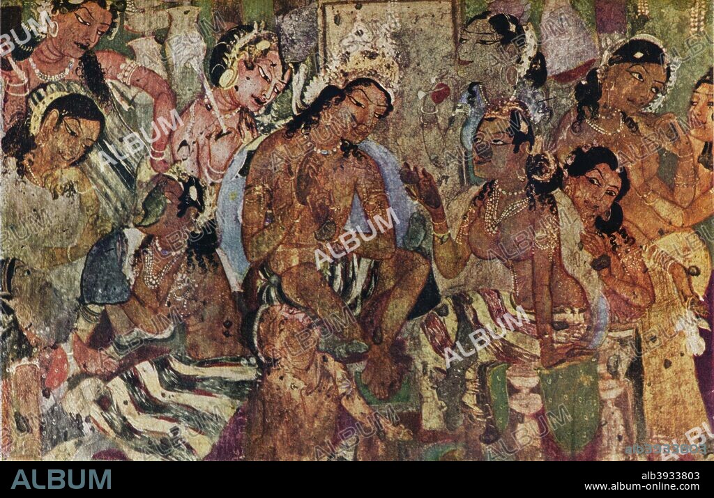'Wall painting from the Caves of Ajanta of Raja Mahajanaka', c480. The Ajanta Caves in Maharashtra, India dating from c480 depicting figures of the Buddha and depictions of the Jataka tales, Raja Mahajanaja expounding religious matters to his wife and attendants. From The Studio Volume 124. [The Studio Ltd, London & New York, 1942].