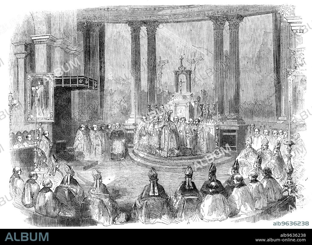 The "Te Deum" for Peace, at St. Mary's Roman Catholic Church, Moorfields, [London] - Cardinal Wiseman preaching before the Bishops, 1856. End of the Crimean War. 'Cardinal Wiseman proceeded to address the congregation...He commenced by drawing a picture of the beauty of peace, and the contrast which it presented to the horrors of war. He pointed out that if we at home, thousands of miles from the theatre of war, felt the influence of peace, how would it be welcomed by those who dwelt upon the spot which had been the scene of sorrow and desolation...He believed that there was now an end for ever to the cry of Catholic disloyalty...In those graves the Protestant and the Catholic soldier lay in that long rest never to be disturbed till the last trumpet shall waken all to judgment. Both had received their mortal wounds in the same cause...the hymn "Te Deum" was sung by the choir'. From "Illustrated London News", 1856.