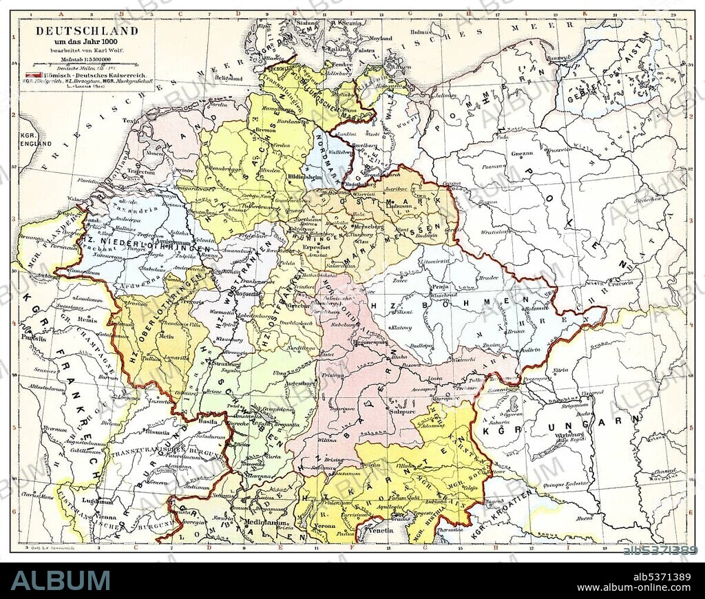 Historical map of Germany and Europe, Roman-German Empire in the 10th Century, from Meyers Konversations-Lexikon encyclopaedia, 1890