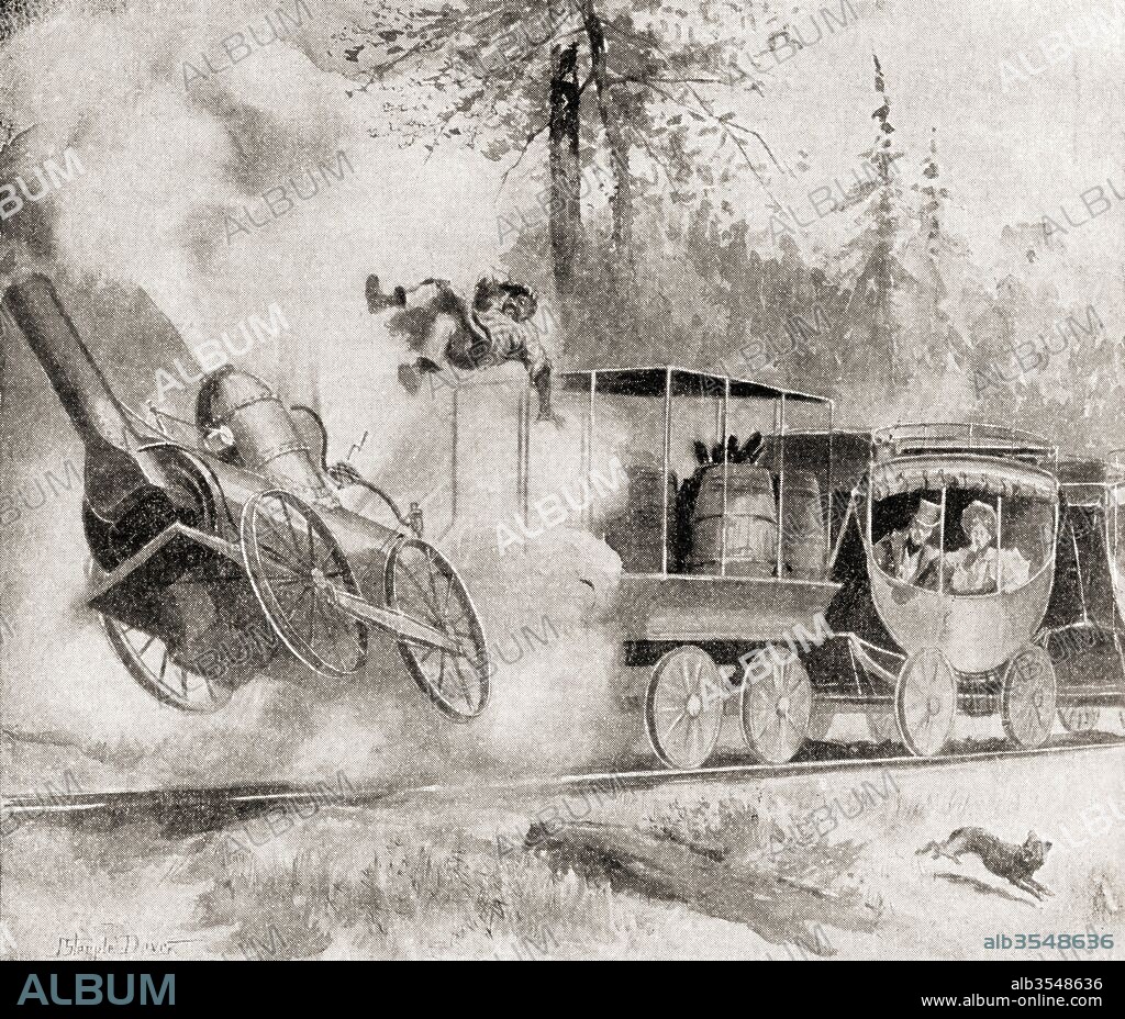 The Best Friend of Charleston, a steam-powered railroad locomotive which, on June 17, 1831, became the first locomotive in the US to suffer a boiler explosion, seriously injuring the engine's crew. The explosion is said to have been caused by the fireman tying down the steam pressure release valve. From The History of Our Country, published 1905.