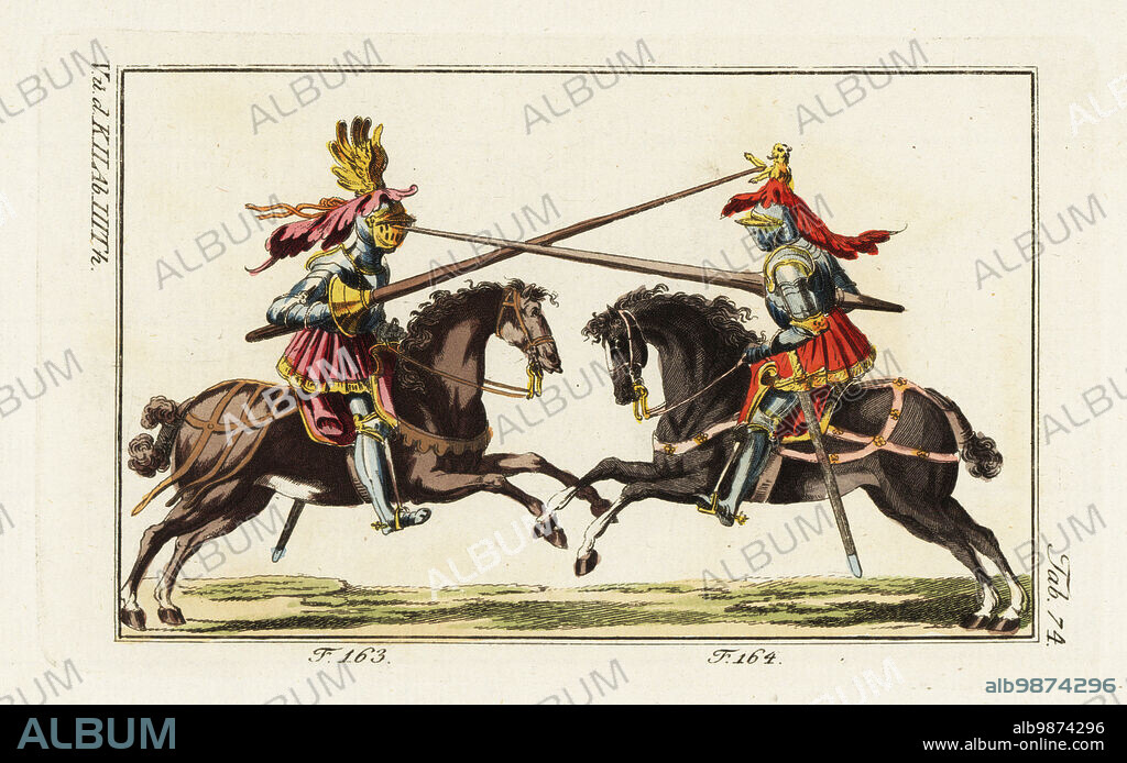 Two knights in plate armor on horseback fighting a duel with lances in a tourney. The knight on the right has aimed his lance at his opponent's helmet vizor 164, while the knight on the left aims at the lion rampant on his opponent's helmet 163. Copied from a woodcut by Jost Amman in Ritterliche Reutter Kunst, 1584. Handcolored copperplate engraving from Robert von Spalart's Historical Picture of the Costumes of the Principal People of Antiquity and Middle Ages, Vienna, 1802.