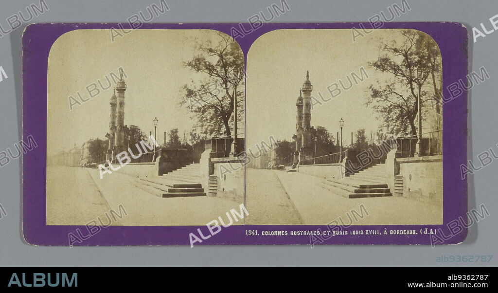 View of two rostral columns in Bordeaux, Colonnes Rostrales, et quais Louis XVIII, à Bordeaux (title on object), Jean Andrieu (mentioned on object), Bordeaux, 1862 - 1876, cardboard, albumen print, height 85 mm × width 170 mm.