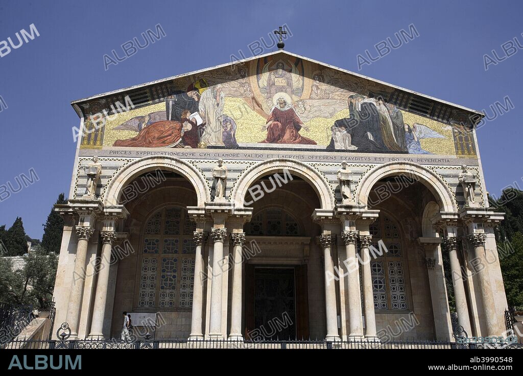 The Church of all Nations, Jerusalem, Israel. The Church of All Nations, also known as the Church or Basilica of the Agony, is a Roman Catholic church located on the Mount of Olives in Jerusalem, next to the Garden of Gethsemane. It enshrines a section of bedrock where Jesus is said to have prayed before his arrest.