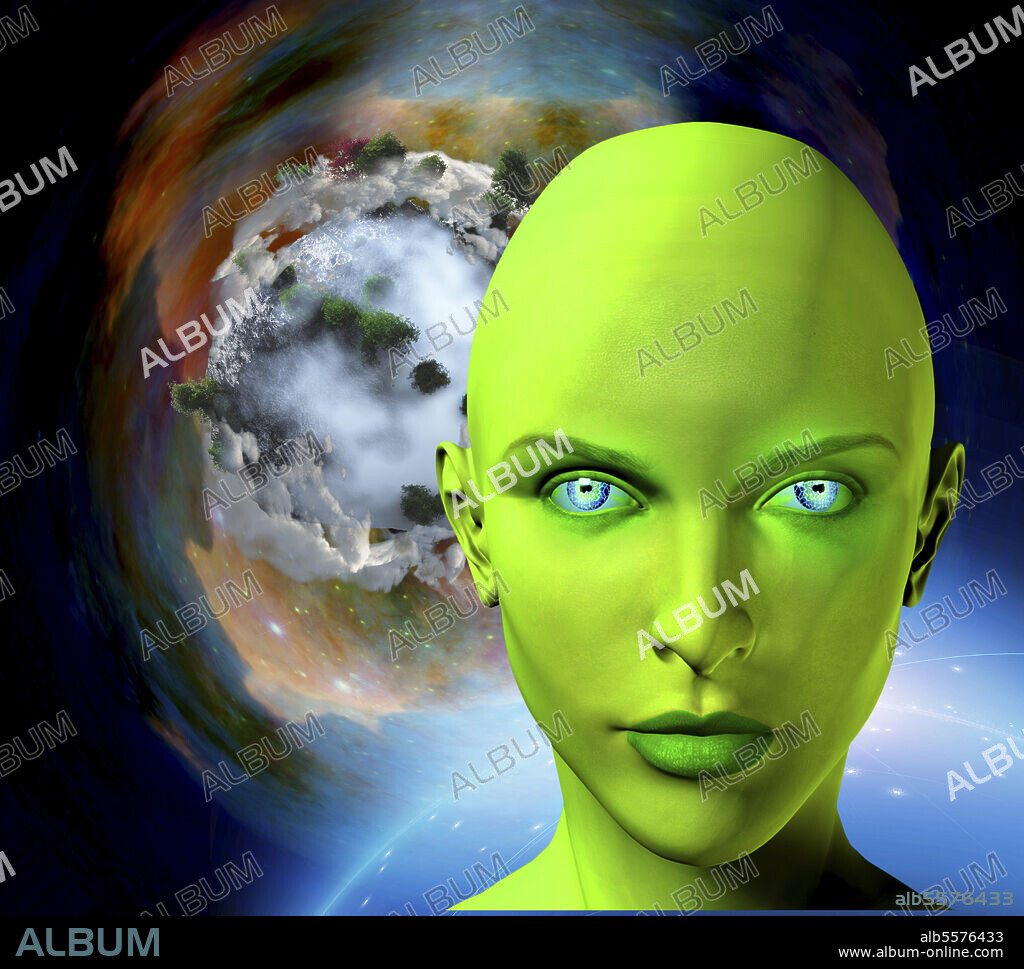 The face of female alien. Colorful universe and abstract exoplanet on a background.