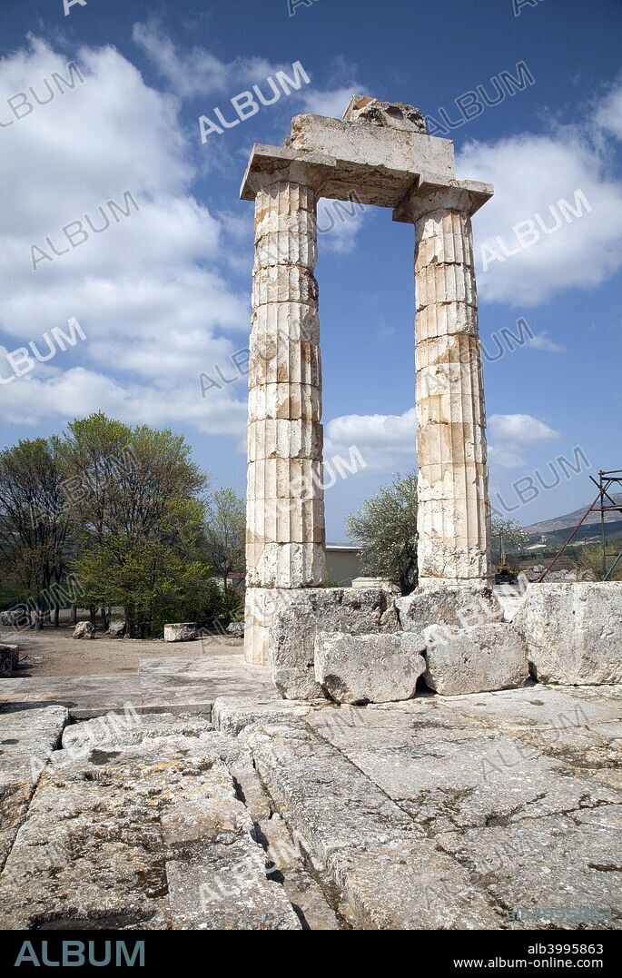 The Temple of Zeus at Nemea, Greece. The columns that still stand at Nemea belong to the Temple of Zeus that was constructed about 330 BC on the site of the old temple which was destroyed in the 5th century BC.