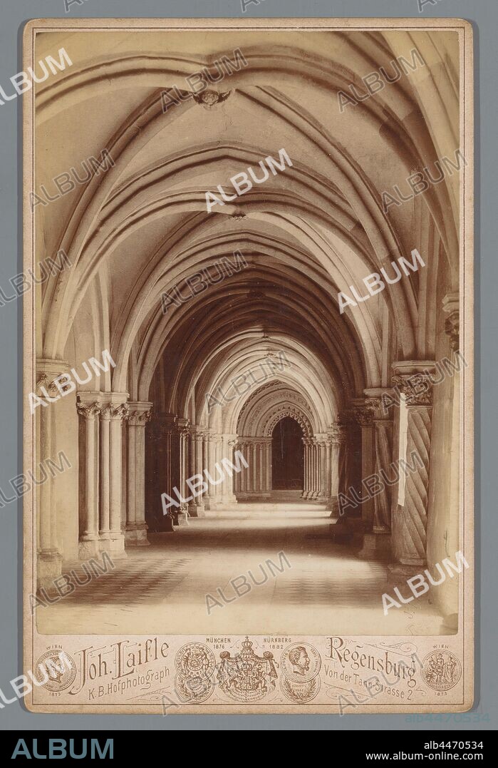 Cloister in Regensburg Cathedral, parts of church interior: ambulatory, Regensburg Cathedral, Joh. Laifle (mentioned on object), Dom van Regensburg, 1890, cardboard, photographic paper, albumen print, h 168 mm × w 109 mm.