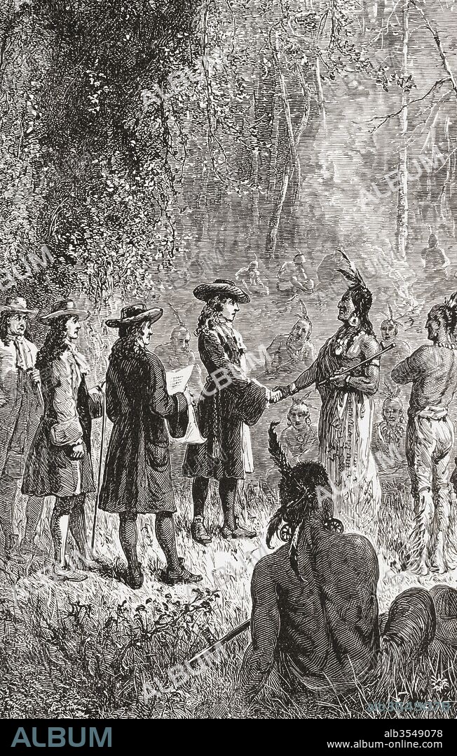 William Penn's treaty with the Lenape Native American Indians in 1681. William Penn, 1644 - 1718. English real estate entrepreneur, philosopher, early Quaker and founder of the Province of Pennsylvania, the English North American colony. From The History of Our Country, published 1899.