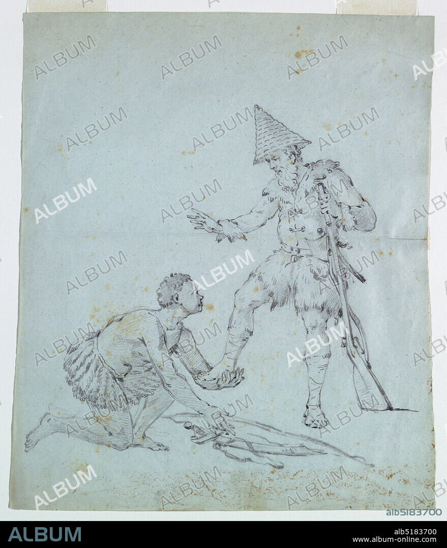 Sketch for a Cotton printing: Robinson Crusoe, Graphite on paper, Friday kneels before Robinson Cruso, and gestures toward a scimitar on the ground, and holds Crusoe's right foot in his left hand. Crusoe balances himself on his gun., France, probably after 1810, Drawing, Drawing.