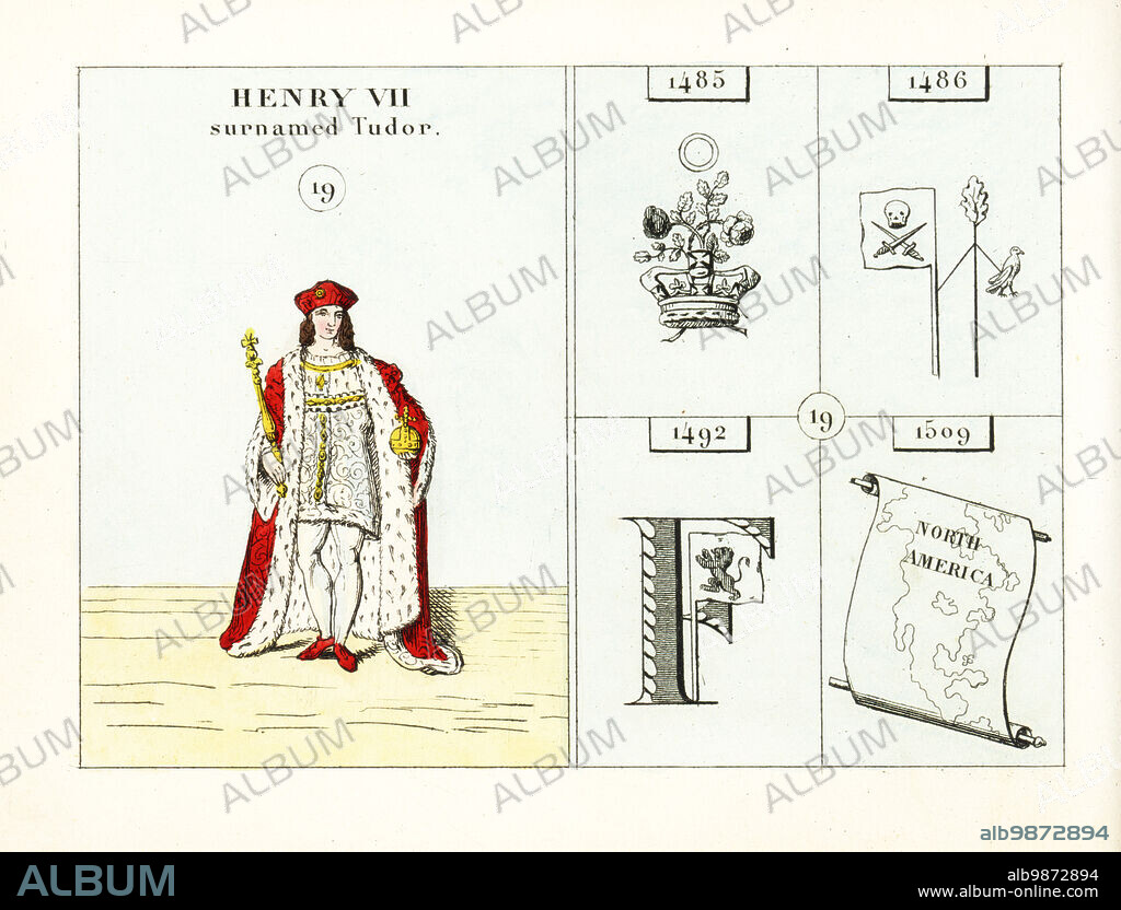 Portrait of King Henry VII of England, surnamed Tudor. In velvet cap, ermine mantle, with orb and sceptre. Emblems indicate marriage of Henry of Lancaster and Elizabeth of York, Lambert Simnel, invasion of France, discovery of America. Handcoloured steel engraving after an illustration by Mary Ann Rundall from A Symbolical History of England, from Early Times to the Reign of William IV, J.H. Truchy, Paris, 1839. Mary Ann Rundall was a teacher of young ladies in Bath, and published her book of mnemonic emblems in 1815.