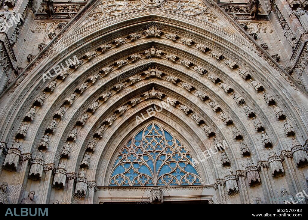 Archivolts of the Neo-Gothic facade of the Cathedral of Barcelona, 19th century, Barcelona, Catalonia, Spain.