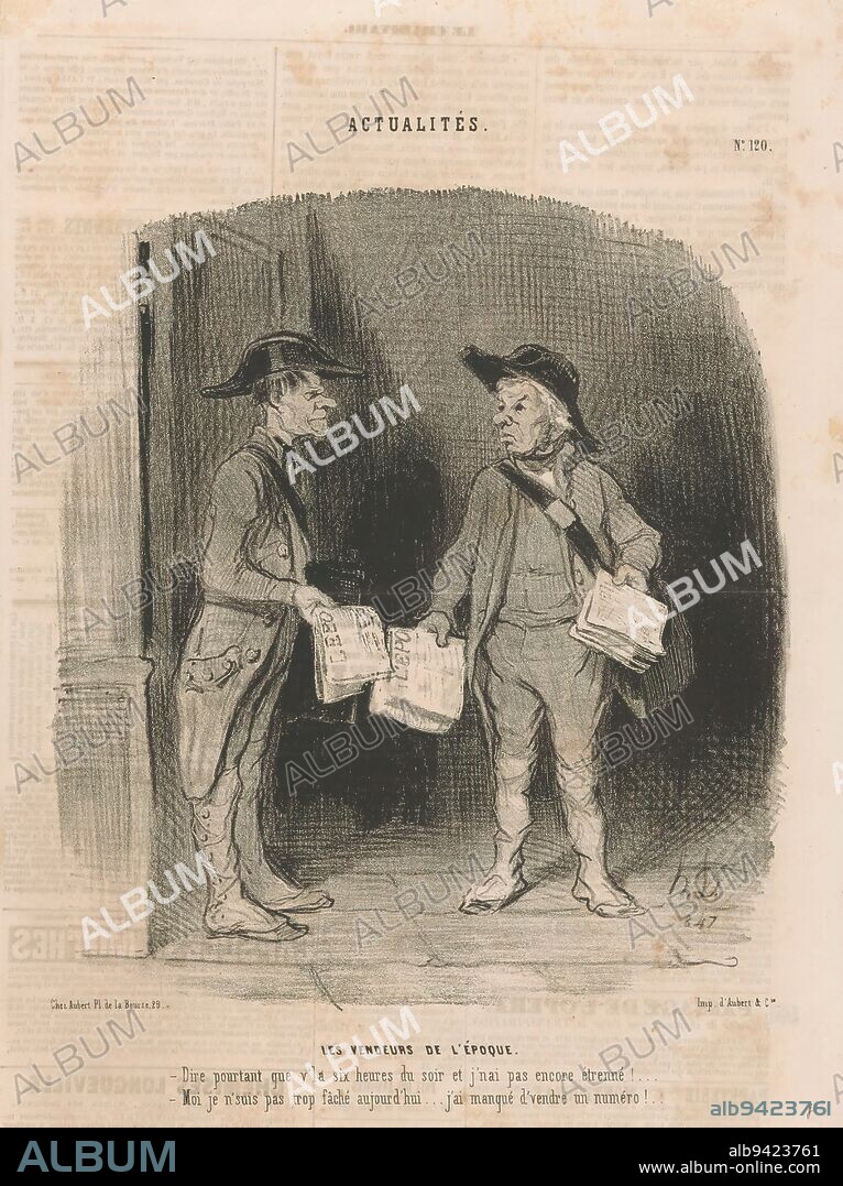 Two sellers of the magazine 'L'Époque', Les vendeurs de l'époque (title on object), Current affairs (series title), Currentités (series title on object), Text on verso., print maker: Honoré Daumier, (mentioned on object), printer: Aubert & Cie., (mentioned on object), publisher: Aubert & Cie., (mentioned on object), Paris, Dec-1845, paper, height 357 mm × width 255 mm.