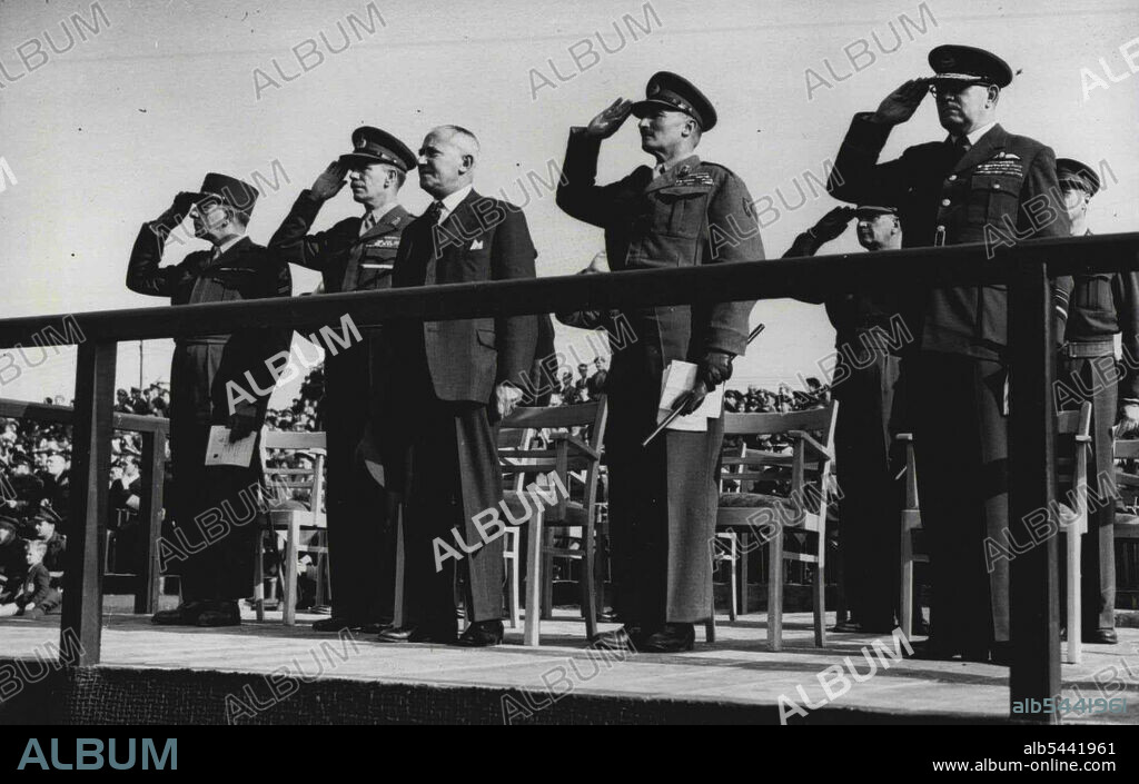 Allied Military Parade In Germany -- Left to Right: General de Lattre de Tassigny (France): General Sir Brian Robertson (High Commissioner in Germany): Mr. E. Shinwell: Lieut. Gen. Sir Charles Keightley, C.-in-C. B.A.O.R.: and Air Marshal Williams, C.-in-C. British Air Forces of Occupation, at the saluting base. One of the biggest military parades since the war took place at Sennelager, near Paderborn, West Germany, when Mr. E. Shinwell, British Minister for War with high-ranking officers, took the salute at a great march-past of detachments from the Allied Occupation forces. The troops afterwards deployed for a week of battle manoeuvres combining land and air exercises. October 9, 1949. (Photo by Sport & General Press Agency Limited).