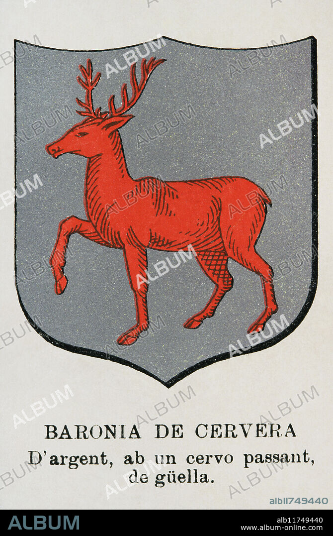 Baronies of Catalonia. Barony of Cervera (Baronia de Cervera). Coat of arms. "Història de Catalunya" (History of Catalonia), by Antoni Aulèstia i Pijoan (1894-1918), annotated and continued by Ernest Moliné i Brasés (1868-1940). Published in Barcelona, Centre Editorial Artístic de Miquel Seguí, 1922. Volume I.