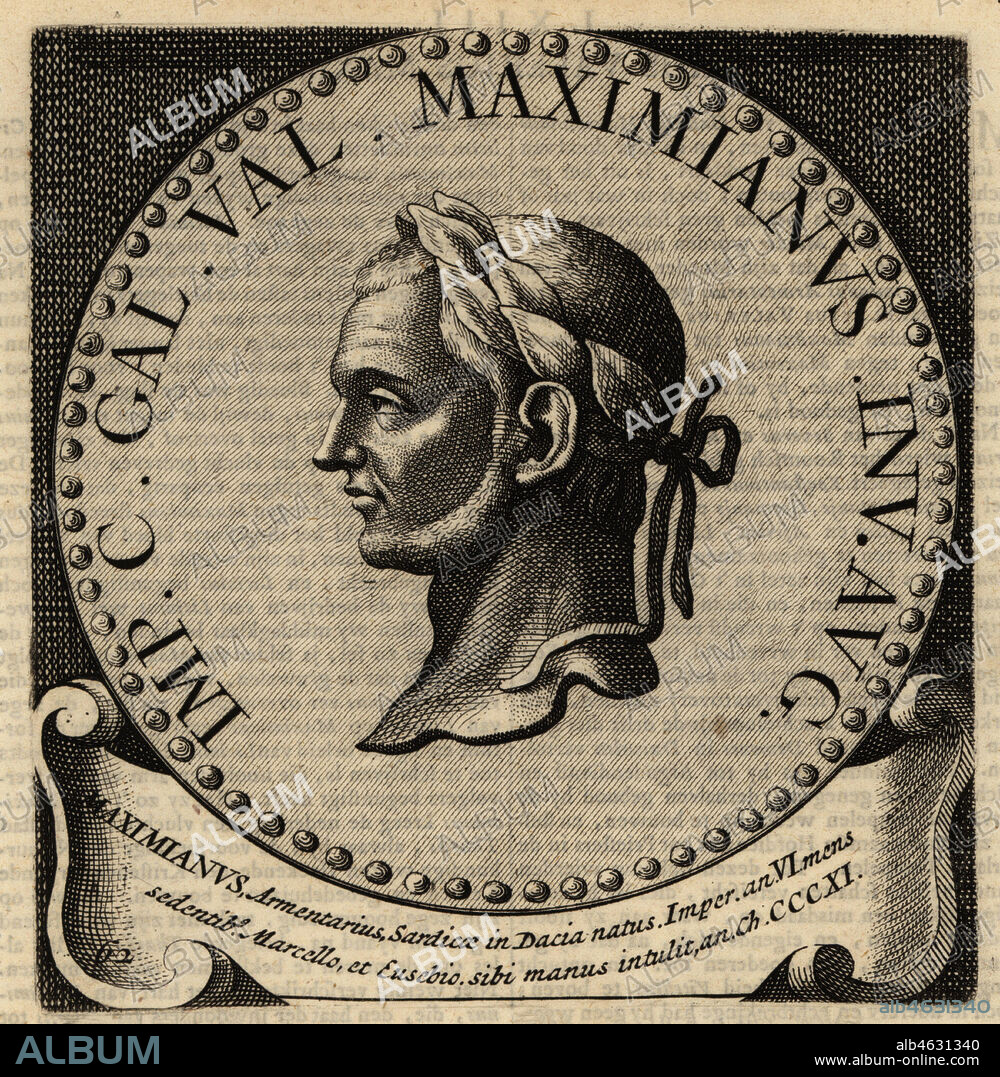 Roman Emperor Maximian, Western Roman Empire, 250-311. Marcus Aurelius Valerius Maximianus Herculius Augustus. Copperplate engraving from Abraham Bogaerts De Roomsche Monarchy, The Roman Monarchy, Francois Salma, Utrecht, 1697.