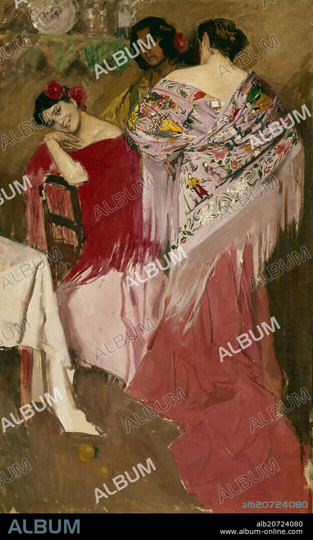 JOSE MARIA RODRIGUEZ ACOSTA. ANDALUZAS CON MANTON -1913-193x120 cm- O/L-PINTURA COSTUMBRISTA.