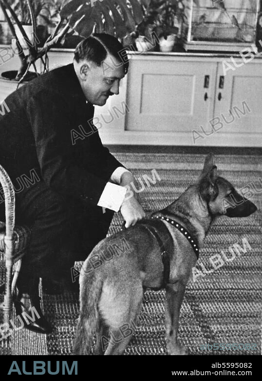 Hitler, Adolf homme politique (NSDAP). Braunau 20.4.1889 - (suicide à). Berlin 30.4.1945. - Hitler avec un chien de berger dans sa maison de Wachenfeld à Obersalzberg. Photo, 1934.