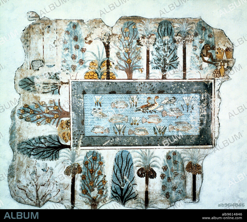 A garden pool: fragment of wall painting, Egyptian, 18th Dynasty, c1350 BC. Tomb painting of a pool full of ducks, lotus flowers and tilapia fish; papyrus grows along the edge. Around the pool are palms, dom-palms, sycomore fig, mandrakes, and other bushes.  In one corner is a tree in which the tree-goddess Hathor presents offerings to whoever was at the right of the scene, most likely Nebamun and Hatshepset, his wife. This fragment appears to show a pool in a garden that might have belonged to Nebamun, in whose tomb at Thebes, (no. 9), it was found. But, like many other scenes from the tomb, it probably has a deeper significance; the fish, birds and plants also act as rich symbols of rebirth and new life. From the British Museum.