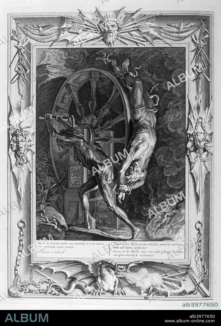 Ixion in Tartarus on the wheel, 1733. According to Greek mythology, Tartarus was the deepest part of the Underworld and reserved for evildoers. A plate from Le temple des Muses, Amsterdam, 1733. Found in the collection of Jean Claude Carriere.