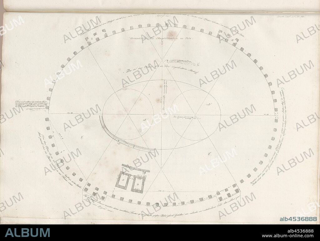 Amphithater zu Pola. Pl. III, Ground plan of the amphitheater of Pula in Croatia, Pl. VII, Lief. XV, 1829, James Stuart, Revett Nicholas: Die Alterthümer zu Athen. Erster Theil. Leipzig und Darmstadt: Verlag von Carl Wilhelm Leske, [1829].