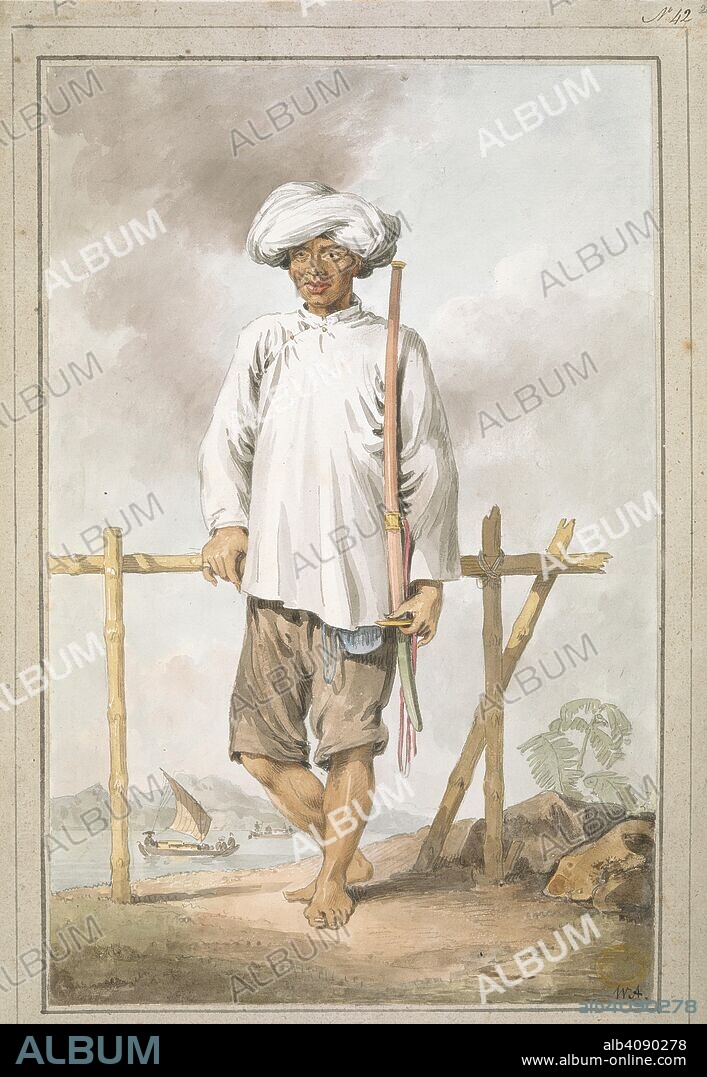WILLIAM ALEXANDER (1767-1816). Portrait of Cochin-Chinese soldier. Portrait of a barefoot soldier standing full-length facing front, leaning on a wooden fence and holding a sheathed sword over his shoulder, dressed in knee-length wide trousers, long-sleeved chemise and turban, with sailing ships on river in the background. Signed with initials at bottom right and pasted on mount with washlines.  . [A collection of eighty views, maps, portraits and drawings illustrative of the Embassy sent to China under George, Earl of Macartney, in 1793; drawn chiefly by William Alexander, some by Sir John Barrow, Bart., some by Sir Henry Woodbine Parish, and one by William Gomm. Many of them are engraved in Sir George Staunton's Narrative of the Embassy, published in 1797.]. 1793. 1 drawing : watercolour, ink and graphite ; sheet 38.7 x 23.5 cm, on support 41.8 x 28.6 cm. Source: Maps 8 TAB.c.8.42.