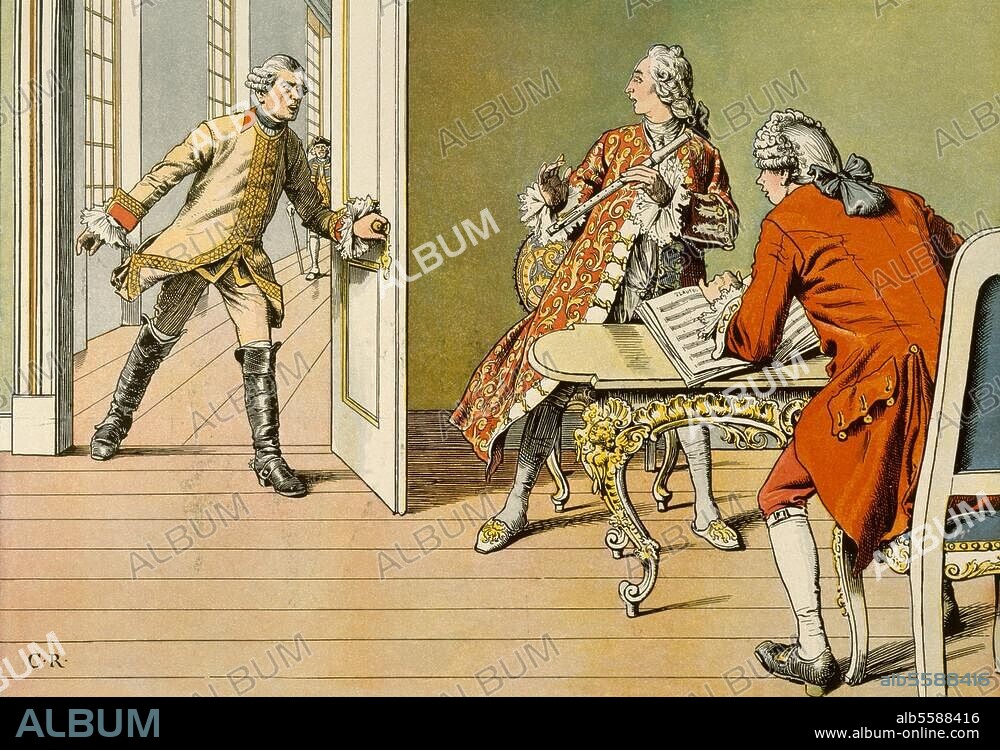 CARL ROECHLING. Friedrich II. (the Great), King of Prussia (1740-1786); 1712-1786. - "The Crown Prince a. his music teacher are surprised by Friedrich Wilhelm I. while playing flutes". (Summer 1729; in the door Leutnant von Katte). Colour print after Carl Röchling (1855-1920). From Der alte Fritz in fünfzig Bildern, Berlin (Paul Kittel) 1895.