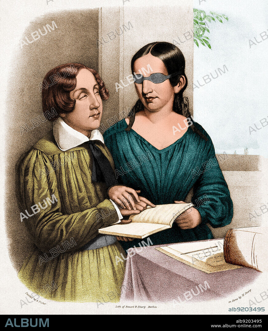 Laura Bridgman (right) teaching student Oliver Caswell how to read Braille, 1844. Laura Bridgman (1829-1889) is known as the first deaf-blind American child to gain a significant education, twenty years before Helen Keller. She was educated at the Perkins Institution for the Blind where she learned to read and communicate using Braille and the manual alphabet developed by Charles-Michel de l'eape?e. Lithograph by W. Sharp, 1844, after Alanson Fisher. Colorized.