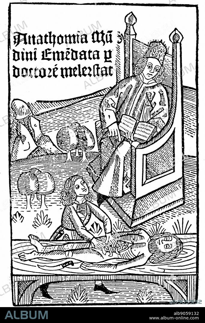Title page of Mondino de 'Luzzi (Mundinus) 'Anathomia', published by Martin Pollick van Mellerstadt, Leipzig, 1493, showing anatomy demonstration. Finished in 1316, 'Anathomia' was first published in Padua in 1478 and for upwards of a hundred years was the only textbook on anatomy. Italian physician and anatomist said to have been first since ancient times to carry out human dissection. Woodcut.