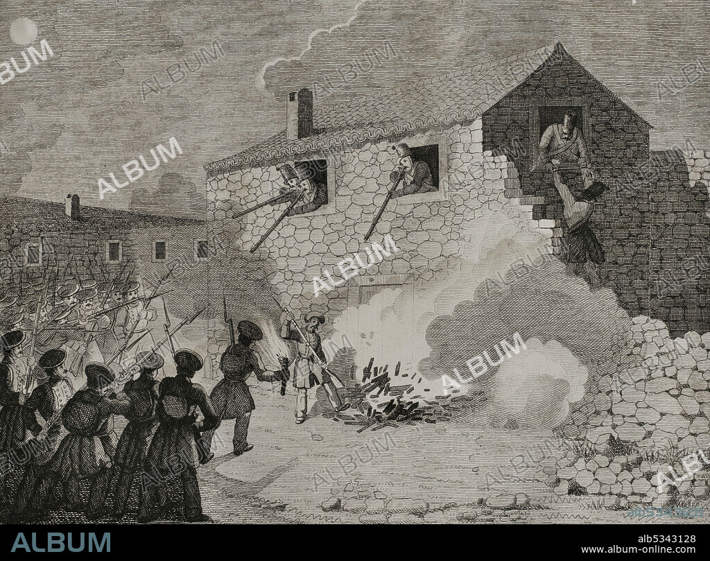 D. CA.1880). SPANISH ENGRAVER., MANUEL MIRANDA y 19TH CENTURY SPANISH ARTIST. PEDRO CELESTINO MARé (FL.1842-1862. España. Primera Guerra Carlista (1833-1840). Guerra civil que enfrentó a carlistas, partidarios del infante Carlos María Isidro de Borbón, contra los isabelinos, defensores de Isabel II y la regente María Cristina de Borbón. Ataque de una casa cerca de Guernica. Un grupo de unos treinta hombres, al mando del teniente José Aguilera, se refugian en una casa para defenderse de ataque de las fuerzas carlistas muy superiores en número. Ilustración por Manuel Miranda. Grabado por Pedro Celestino Maré. Panorama Español, Crónica Contemporánea. Tomo I. Madrid, 1842.