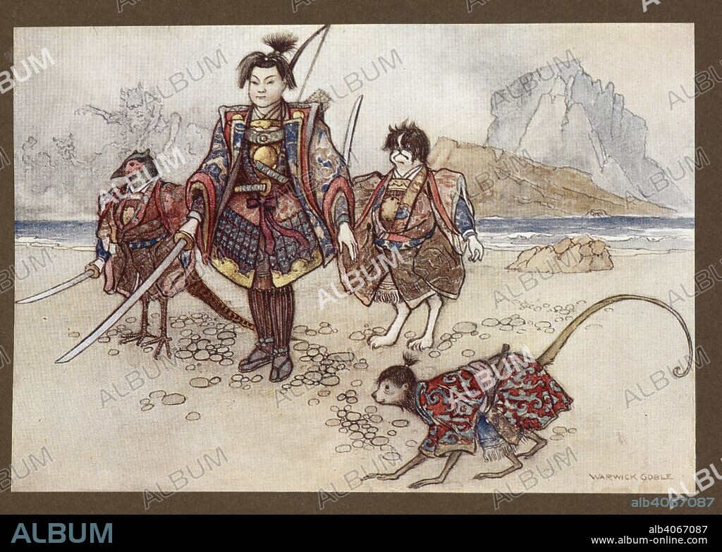 WARWICK GOBLE and GRACE JAMES. Momotaro. Green Willow, and other Japanese fairy tales ... With forty illustrations in colour by Warwick Goble. (Edition de luxe.). London : Macmillan & Co., 1910. Source: LR.26.d.7 facing page 223.