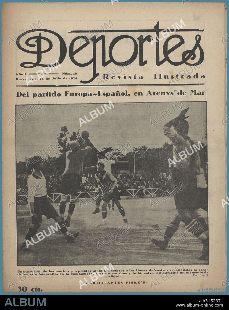 Portada de la revista ilustrada Deportes, editada en Barcelona, junio de 1924. Fotografía tomada durante el partido de futbol entre los equipos del Europa y el Español.