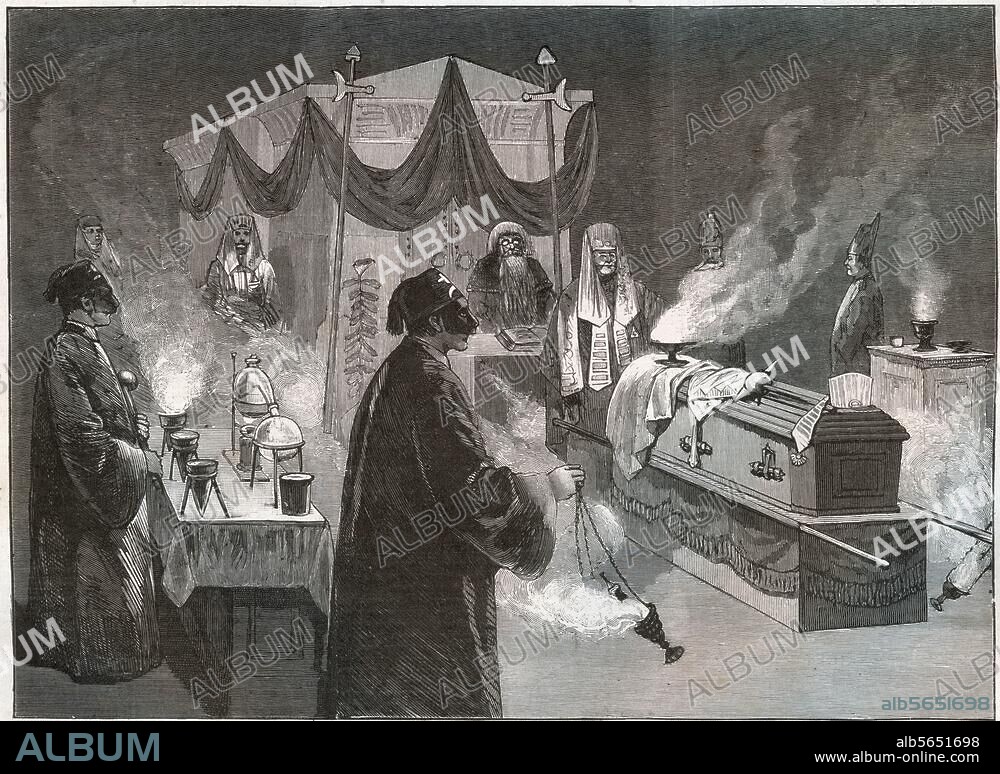 Gesellschaft / Freimaurer. "Eine Trauerfeier des arabischen Ordens vom mystischen Schrein im Freimaurertempel zu Neuyork". Holzstich, unbez. Aus: Illustrirte Zeitung, 86. Bd., Nr. 2228, Leipzig u. Berlin, 13. März 1886, S. 250. Berlin, Sammlung Archiv für Kunst und Geschichte.